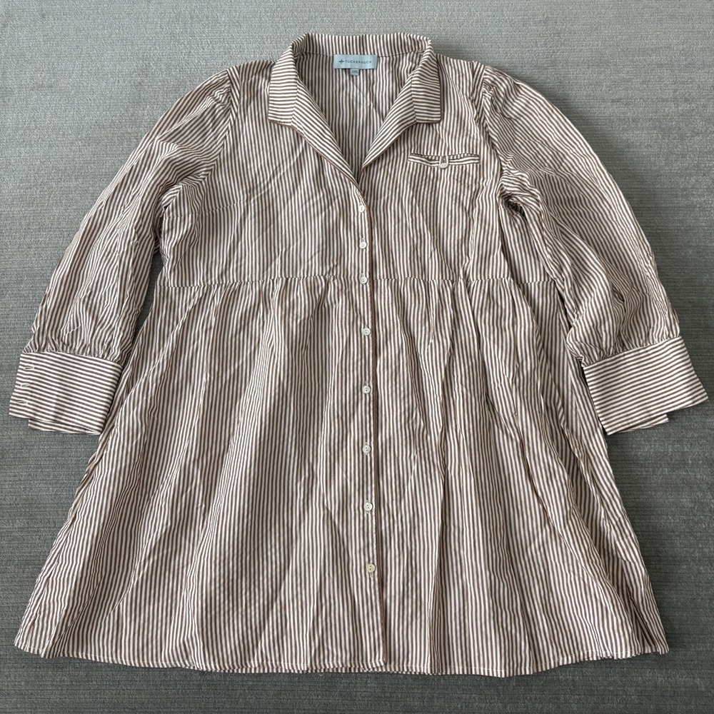 Tuckernuck Shirt Dress Women XXXL Beige Striped Florence Knee Length Classic - Picture 3 of 10